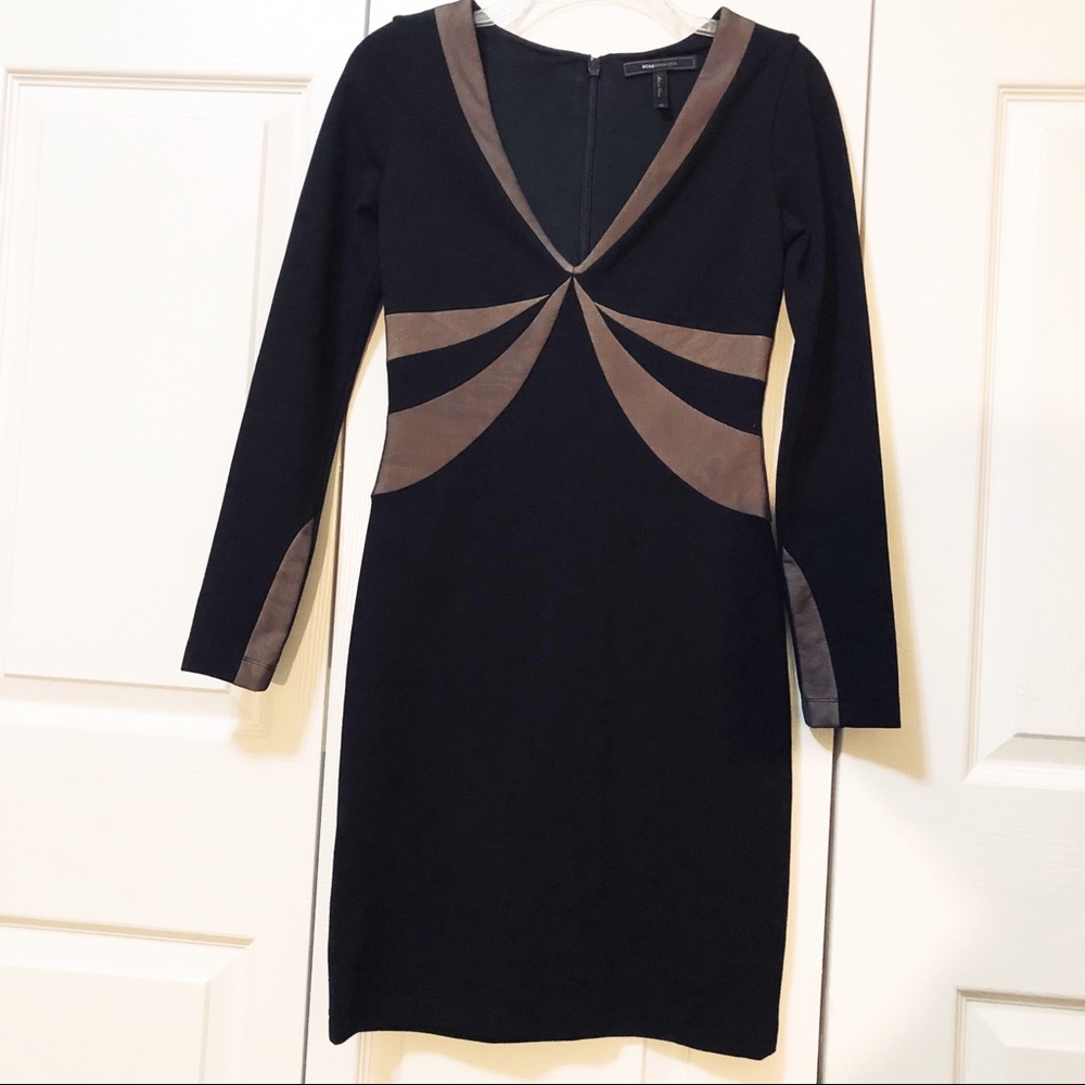 BCBG MaxAzria Black LS Pencil Dress w/Mesh Insets